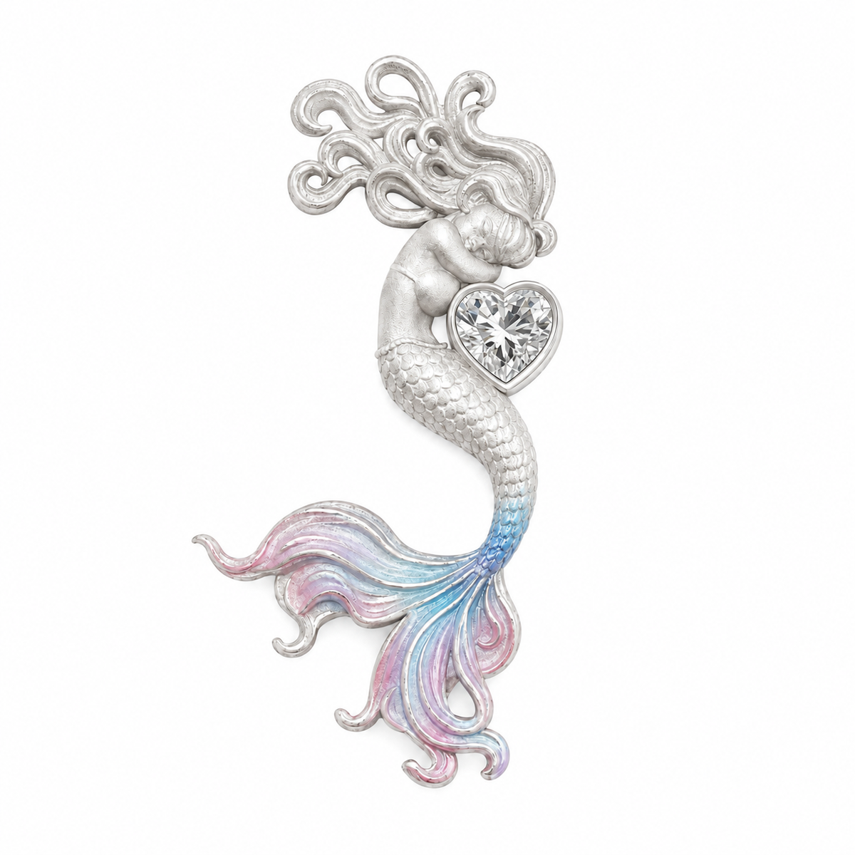 Dreaming Mermaid 925 Sterling Silver Pendant with Heart-Cut Moissanite & Enamel