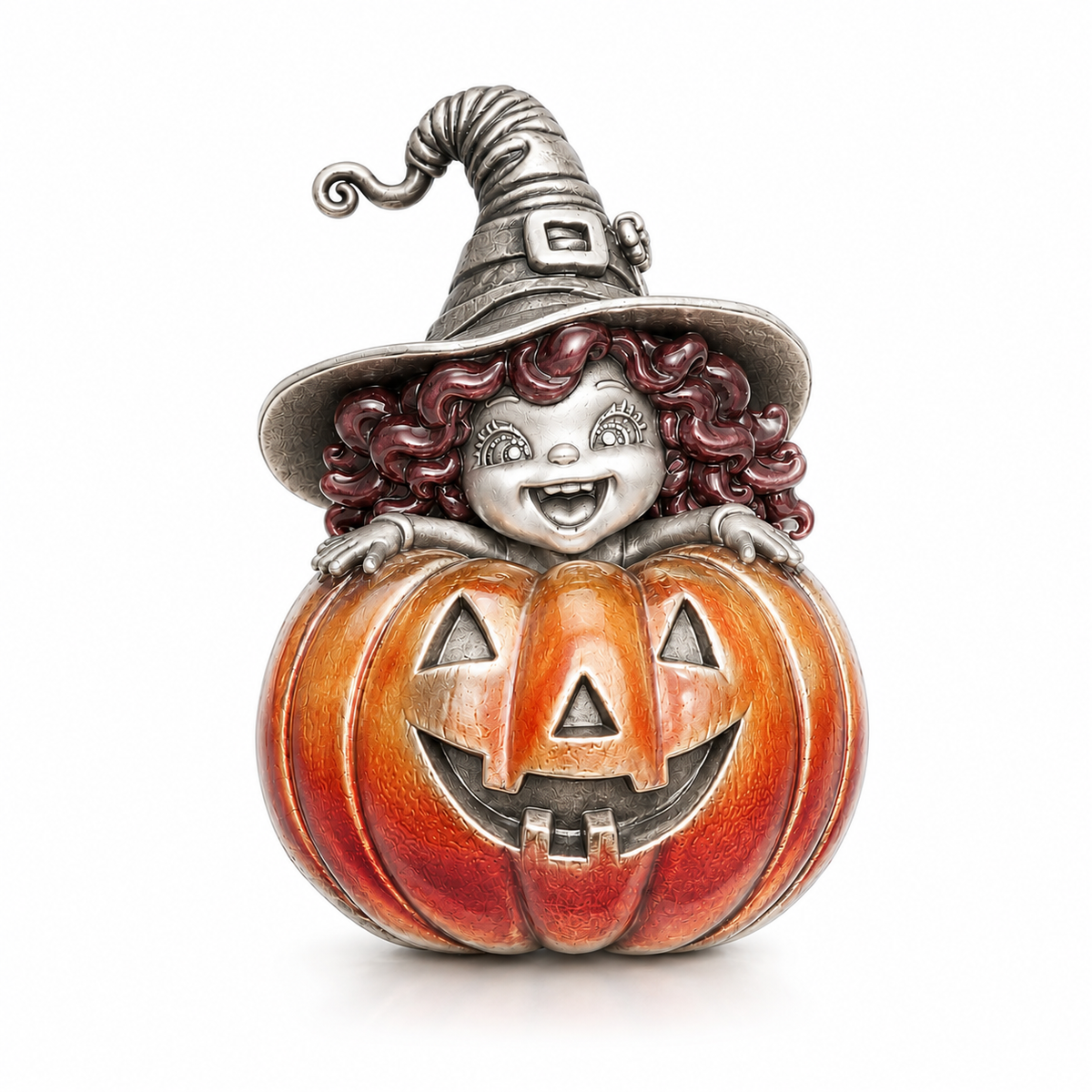 Halloween Pumpkin Witch Pendant - 925 Sterling Silver & Enamel Sculptural Character