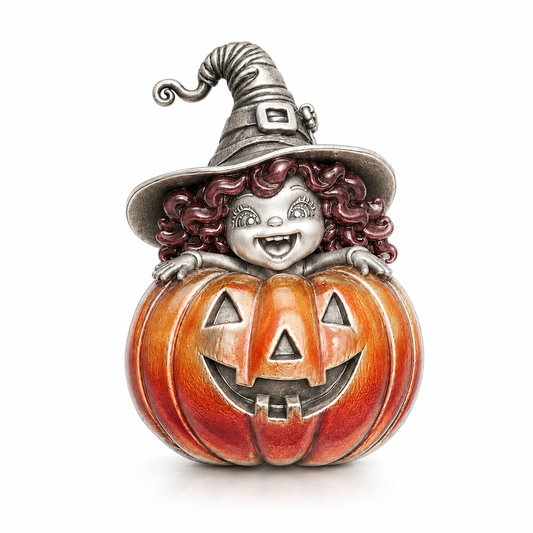 Halloween Pumpkin Witch Pendant - 925 Sterling Silver & Enamel Sculptural Character