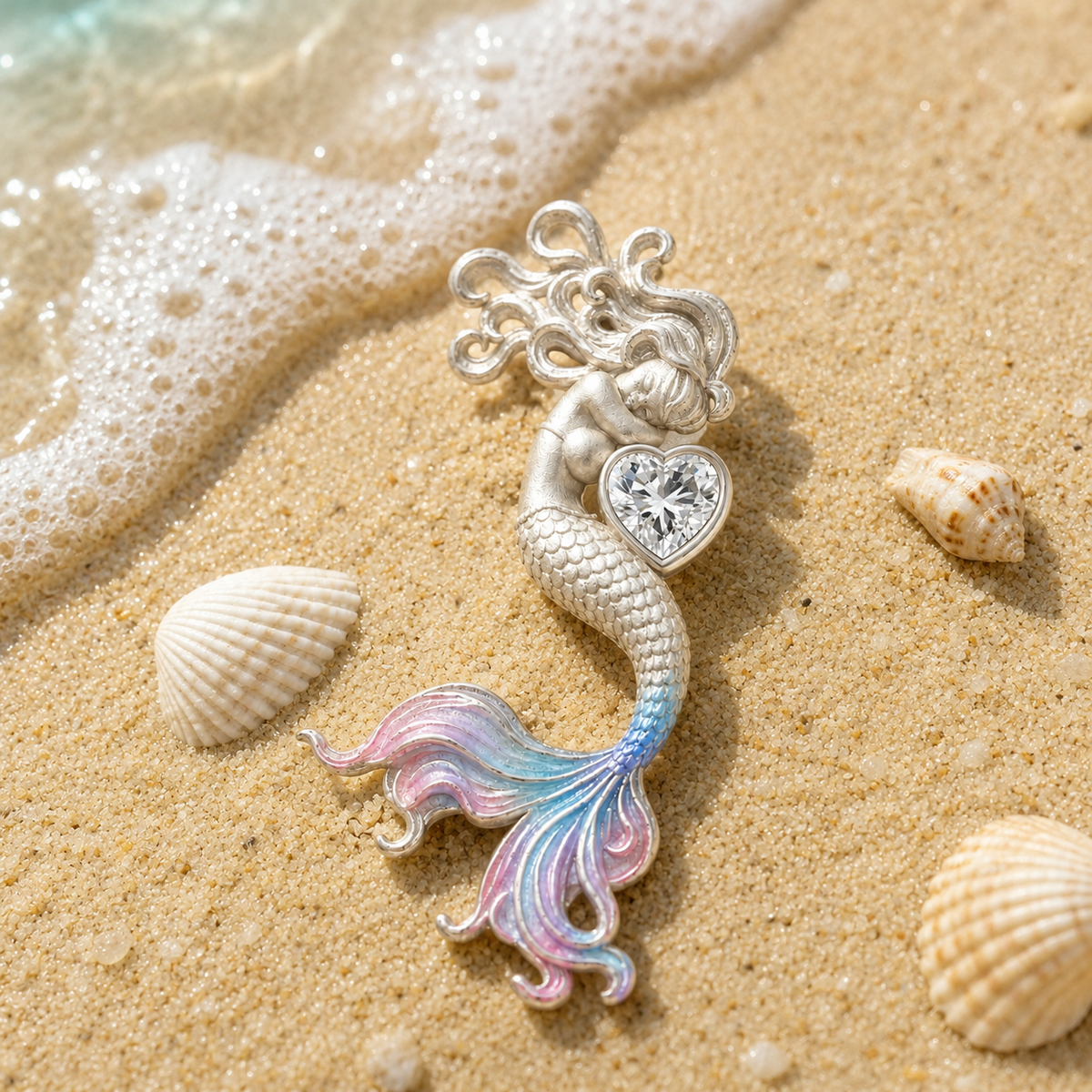 Dreaming Mermaid 925 Sterling Silver Pendant with Heart-Cut Moissanite & Enamel