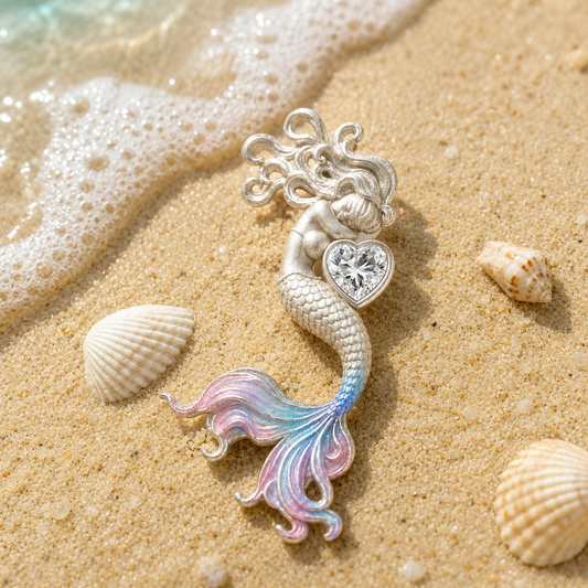 Dreaming Mermaid 925 Sterling Silver Pendant with Heart-Cut Moissanite & Enamel