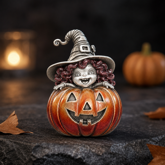 Halloween Pumpkin Witch Pendant - 925 Sterling Silver & Enamel Sculptural Character