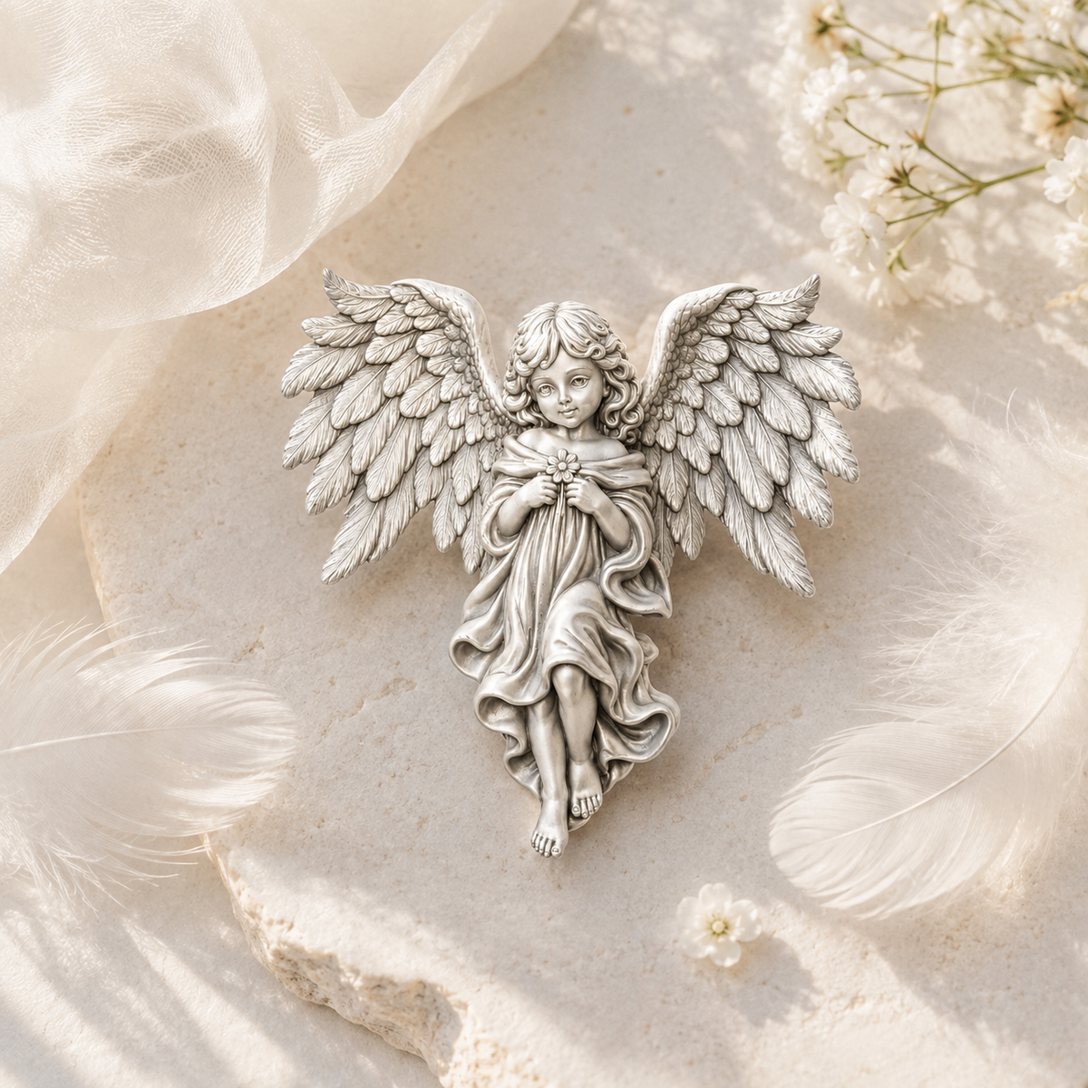 SylFigure Guardian Angel Sterling Silver Pendant with Marquise Moissanite
