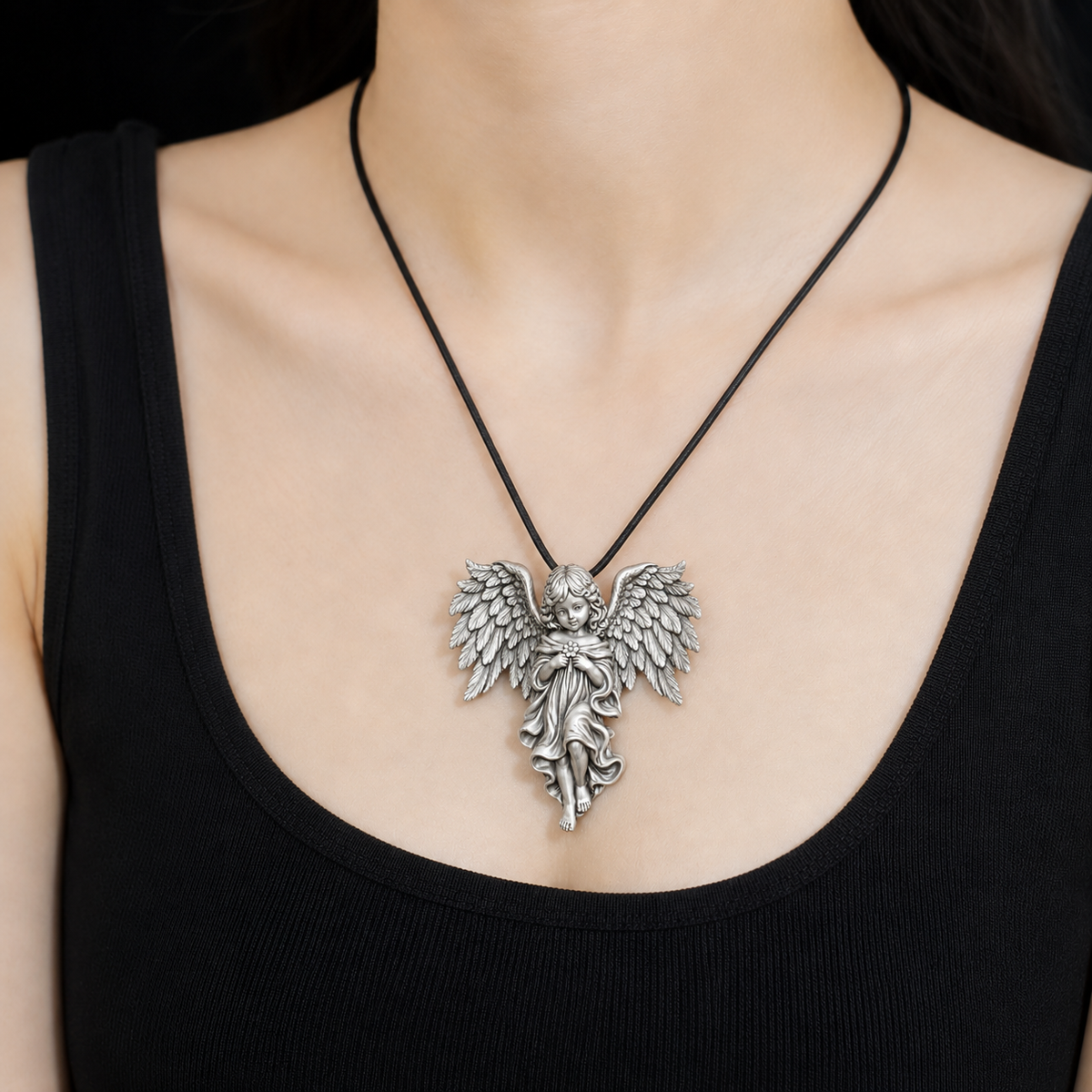 SylFigure Guardian Angel Sterling Silver Pendant with Marquise Moissanite