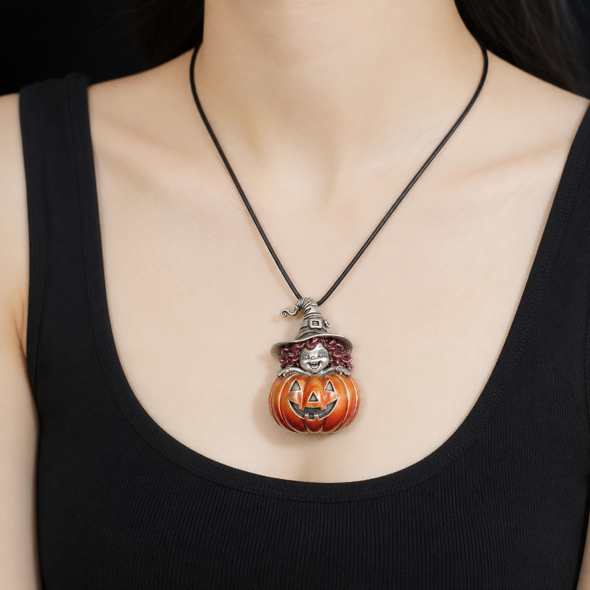 Halloween Pumpkin Witch Pendant - 925 Sterling Silver & Enamel Sculptural Character